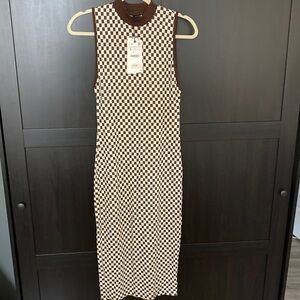 Zara Brown and Cream Checkered Midi Dress